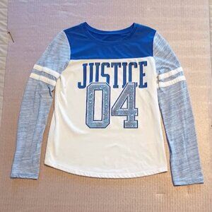 JUSTICE Active girls size 12, white & blue long sleeve round hem Tee
